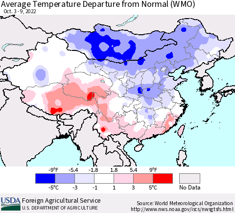 China, Mongolia and Taiwan Average Temperature Departure from Normal (WMO) Thematic Map For 10/3/2022 - 10/9/2022