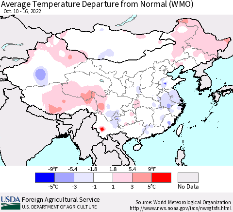 China, Mongolia and Taiwan Average Temperature Departure from Normal (WMO) Thematic Map For 10/10/2022 - 10/16/2022