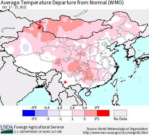China, Mongolia and Taiwan Average Temperature Departure from Normal (WMO) Thematic Map For 10/17/2022 - 10/23/2022