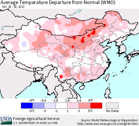 China, Mongolia and Taiwan Average Temperature Departure from Normal (WMO) Thematic Map For 10/24/2022 - 10/30/2022