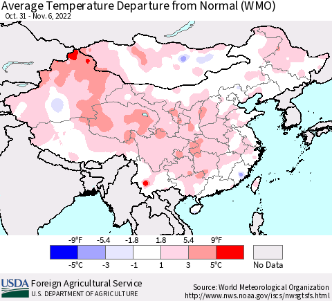 China, Mongolia and Taiwan Average Temperature Departure from Normal (WMO) Thematic Map For 10/31/2022 - 11/6/2022