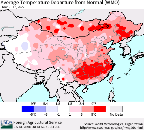 China, Mongolia and Taiwan Average Temperature Departure from Normal (WMO) Thematic Map For 11/7/2022 - 11/13/2022