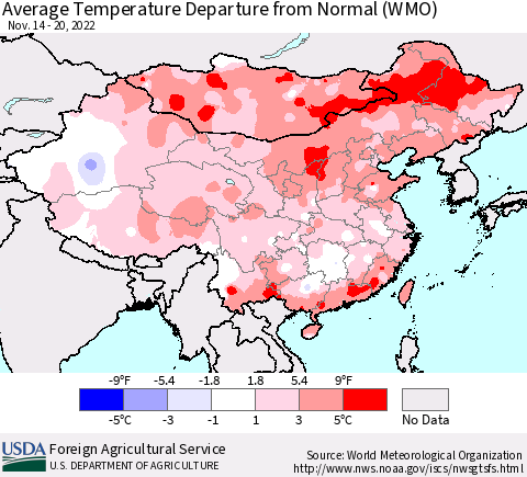 China, Mongolia and Taiwan Average Temperature Departure from Normal (WMO) Thematic Map For 11/14/2022 - 11/20/2022