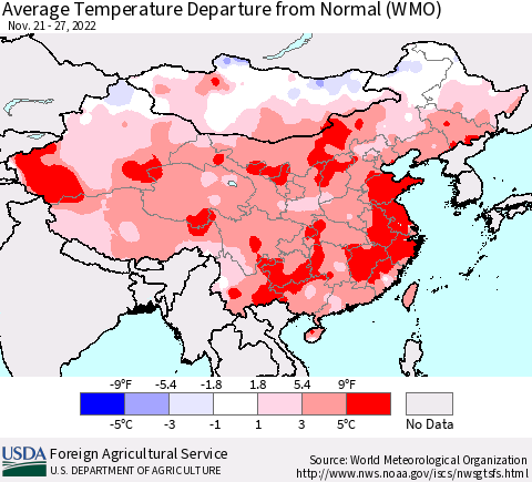 China, Mongolia and Taiwan Average Temperature Departure from Normal (WMO) Thematic Map For 11/21/2022 - 11/27/2022