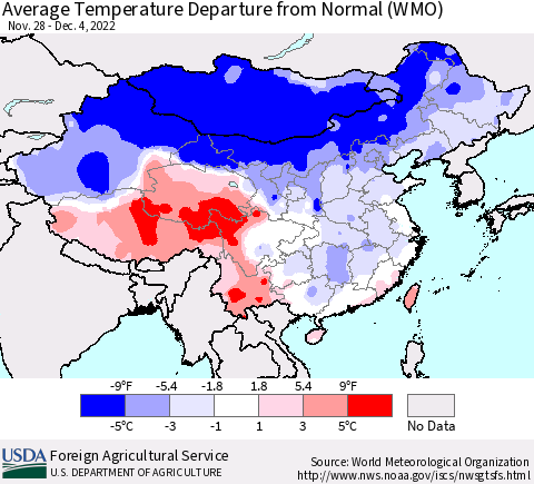 China, Mongolia and Taiwan Average Temperature Departure from Normal (WMO) Thematic Map For 11/28/2022 - 12/4/2022