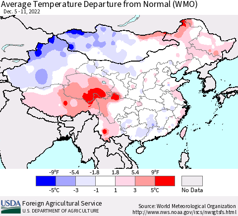 China, Mongolia and Taiwan Average Temperature Departure from Normal (WMO) Thematic Map For 12/5/2022 - 12/11/2022