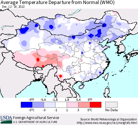 China, Mongolia and Taiwan Average Temperature Departure from Normal (WMO) Thematic Map For 12/12/2022 - 12/18/2022