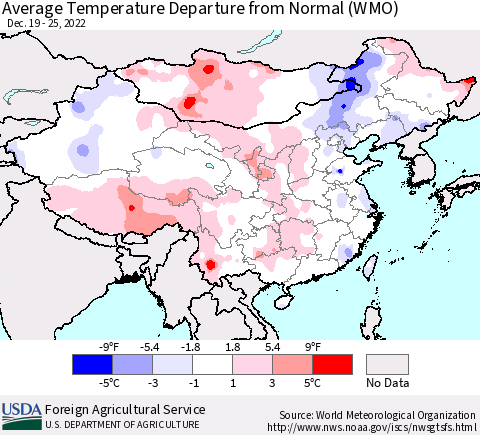 China, Mongolia and Taiwan Average Temperature Departure from Normal (WMO) Thematic Map For 12/19/2022 - 12/25/2022