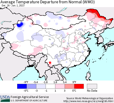 China, Mongolia and Taiwan Average Temperature Departure from Normal (WMO) Thematic Map For 12/26/2022 - 1/1/2023