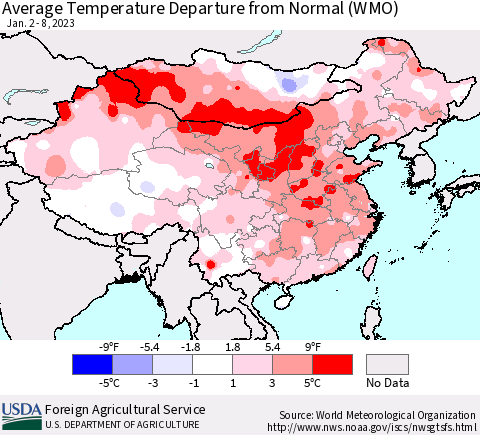 China, Mongolia and Taiwan Average Temperature Departure from Normal (WMO) Thematic Map For 1/2/2023 - 1/8/2023