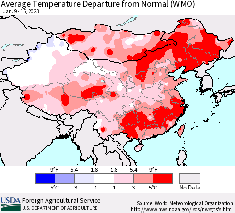 China, Mongolia and Taiwan Average Temperature Departure from Normal (WMO) Thematic Map For 1/9/2023 - 1/15/2023