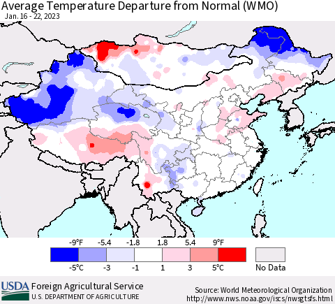 China, Mongolia and Taiwan Average Temperature Departure from Normal (WMO) Thematic Map For 1/16/2023 - 1/22/2023