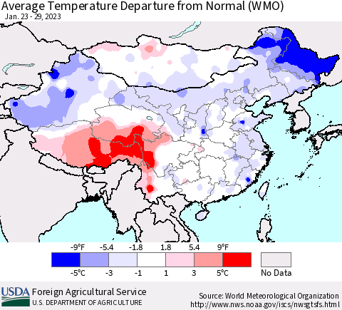 China, Mongolia and Taiwan Average Temperature Departure from Normal (WMO) Thematic Map For 1/23/2023 - 1/29/2023