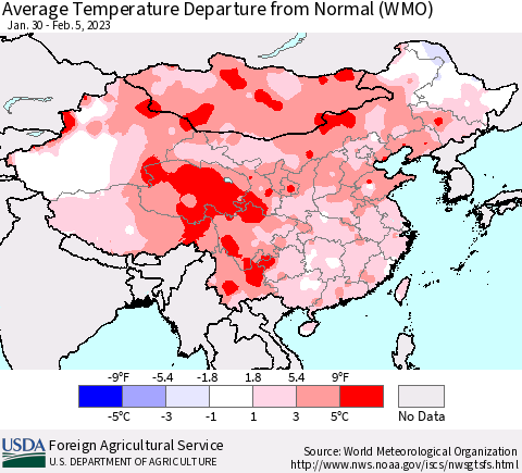 China, Mongolia and Taiwan Average Temperature Departure from Normal (WMO) Thematic Map For 1/30/2023 - 2/5/2023