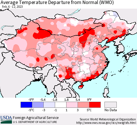 China, Mongolia and Taiwan Average Temperature Departure from Normal (WMO) Thematic Map For 2/6/2023 - 2/12/2023