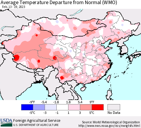 China, Mongolia and Taiwan Average Temperature Departure from Normal (WMO) Thematic Map For 2/13/2023 - 2/19/2023