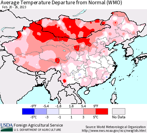 China, Mongolia and Taiwan Average Temperature Departure from Normal (WMO) Thematic Map For 2/20/2023 - 2/26/2023