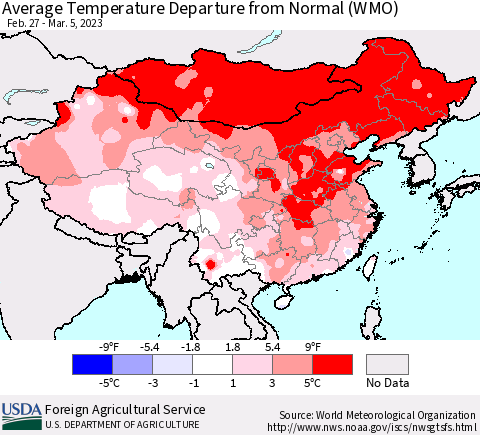 China, Mongolia and Taiwan Average Temperature Departure from Normal (WMO) Thematic Map For 2/27/2023 - 3/5/2023