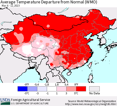 China, Mongolia and Taiwan Average Temperature Departure from Normal (WMO) Thematic Map For 3/6/2023 - 3/12/2023