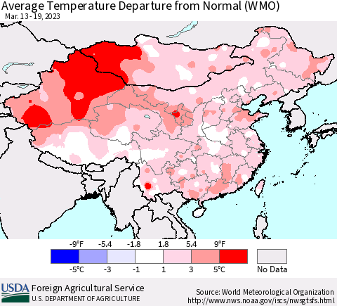 China, Mongolia and Taiwan Average Temperature Departure from Normal (WMO) Thematic Map For 3/13/2023 - 3/19/2023