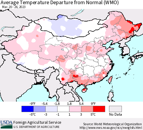 China, Mongolia and Taiwan Average Temperature Departure from Normal (WMO) Thematic Map For 3/20/2023 - 3/26/2023