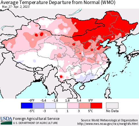 China, Mongolia and Taiwan Average Temperature Departure from Normal (WMO) Thematic Map For 3/27/2023 - 4/2/2023