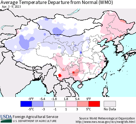 China, Mongolia and Taiwan Average Temperature Departure from Normal (WMO) Thematic Map For 4/3/2023 - 4/9/2023