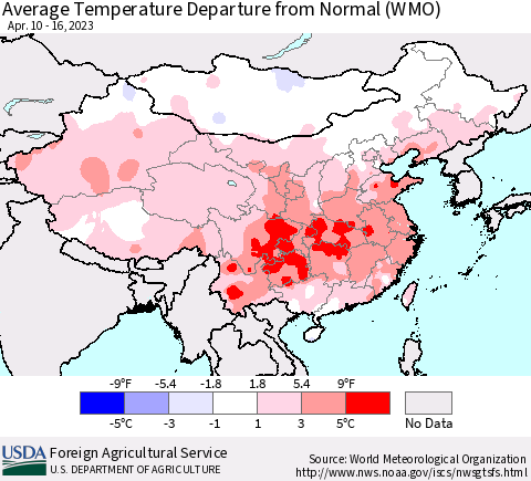 China, Mongolia and Taiwan Average Temperature Departure from Normal (WMO) Thematic Map For 4/10/2023 - 4/16/2023