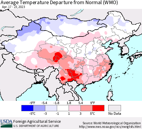 China, Mongolia and Taiwan Average Temperature Departure from Normal (WMO) Thematic Map For 4/17/2023 - 4/23/2023