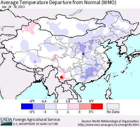 China, Mongolia and Taiwan Average Temperature Departure from Normal (WMO) Thematic Map For 4/24/2023 - 4/30/2023