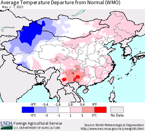 China, Mongolia and Taiwan Average Temperature Departure from Normal (WMO) Thematic Map For 5/1/2023 - 5/7/2023