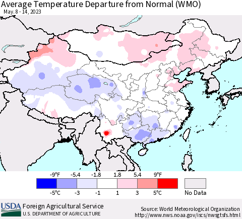 China, Mongolia and Taiwan Average Temperature Departure from Normal (WMO) Thematic Map For 5/8/2023 - 5/14/2023