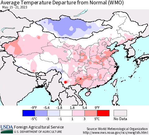China, Mongolia and Taiwan Average Temperature Departure from Normal (WMO) Thematic Map For 5/15/2023 - 5/21/2023