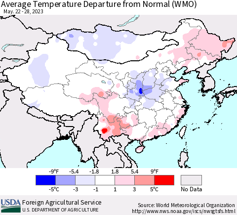 China, Mongolia and Taiwan Average Temperature Departure from Normal (WMO) Thematic Map For 5/22/2023 - 5/28/2023