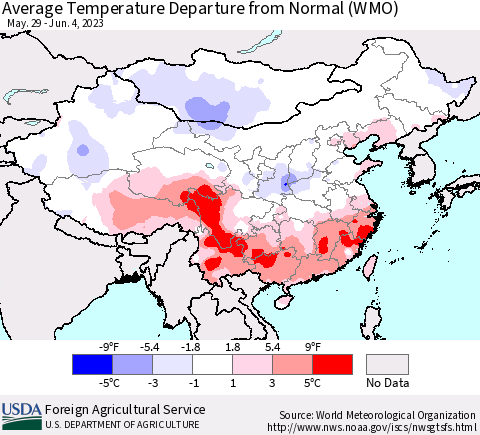 China, Mongolia and Taiwan Average Temperature Departure from Normal (WMO) Thematic Map For 5/29/2023 - 6/4/2023