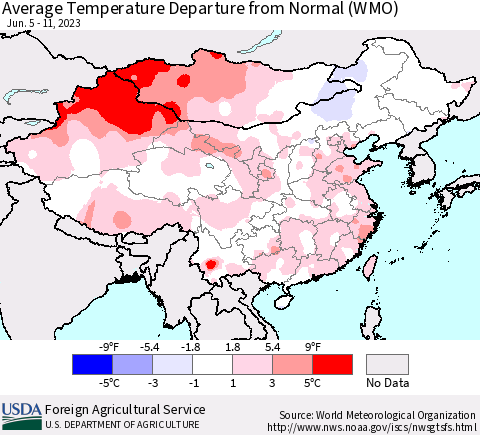 China, Mongolia and Taiwan Average Temperature Departure from Normal (WMO) Thematic Map For 6/5/2023 - 6/11/2023