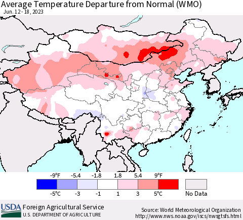 China, Mongolia and Taiwan Average Temperature Departure from Normal (WMO) Thematic Map For 6/12/2023 - 6/18/2023