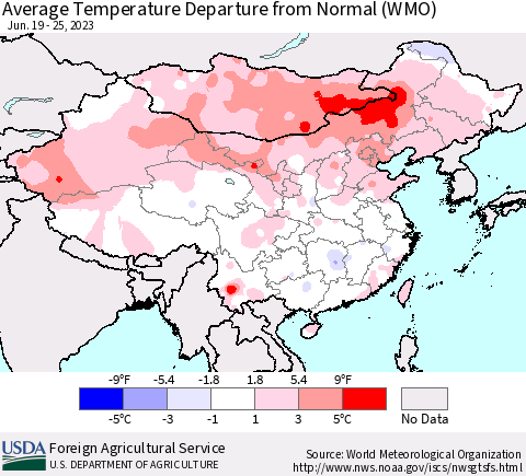China, Mongolia and Taiwan Average Temperature Departure from Normal (WMO) Thematic Map For 6/19/2023 - 6/25/2023
