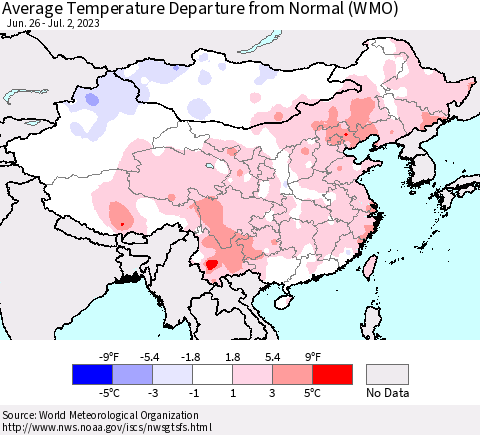 China, Mongolia and Taiwan Average Temperature Departure from Normal (WMO) Thematic Map For 6/26/2023 - 7/2/2023