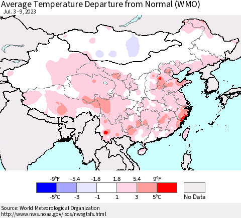China, Mongolia and Taiwan Average Temperature Departure from Normal (WMO) Thematic Map For 7/3/2023 - 7/9/2023