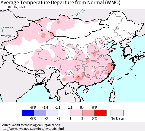 China, Mongolia and Taiwan Average Temperature Departure from Normal (WMO) Thematic Map For 7/10/2023 - 7/16/2023