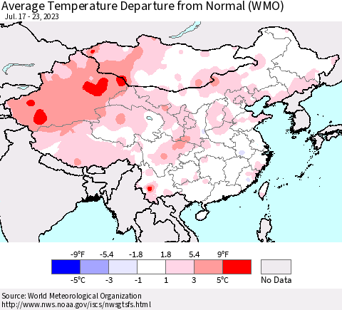 China, Mongolia and Taiwan Average Temperature Departure from Normal (WMO) Thematic Map For 7/17/2023 - 7/23/2023