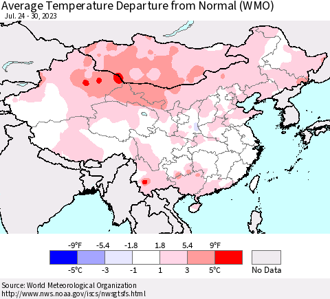 China, Mongolia and Taiwan Average Temperature Departure from Normal (WMO) Thematic Map For 7/24/2023 - 7/30/2023