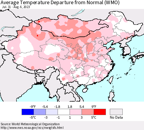 China, Mongolia and Taiwan Average Temperature Departure from Normal (WMO) Thematic Map For 7/31/2023 - 8/6/2023