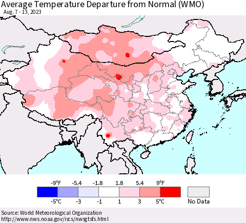 China, Mongolia and Taiwan Average Temperature Departure from Normal (WMO) Thematic Map For 8/7/2023 - 8/13/2023