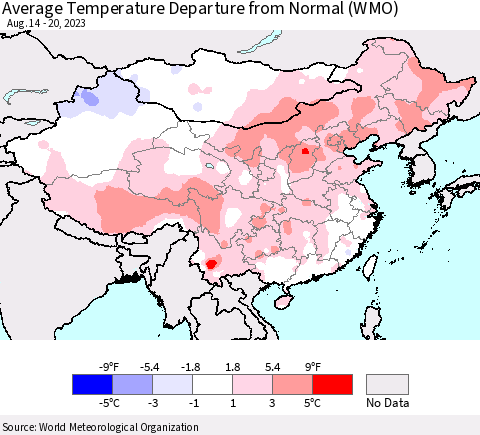 China, Mongolia and Taiwan Average Temperature Departure from Normal (WMO) Thematic Map For 8/14/2023 - 8/20/2023