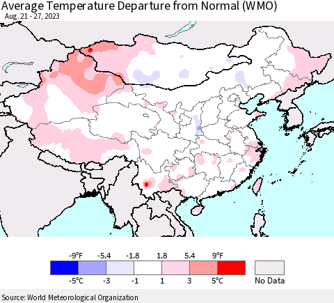 China, Mongolia and Taiwan Average Temperature Departure from Normal (WMO) Thematic Map For 8/21/2023 - 8/27/2023