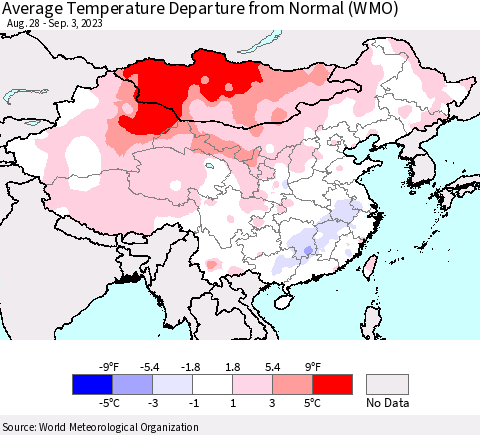 China, Mongolia and Taiwan Average Temperature Departure from Normal (WMO) Thematic Map For 8/28/2023 - 9/3/2023