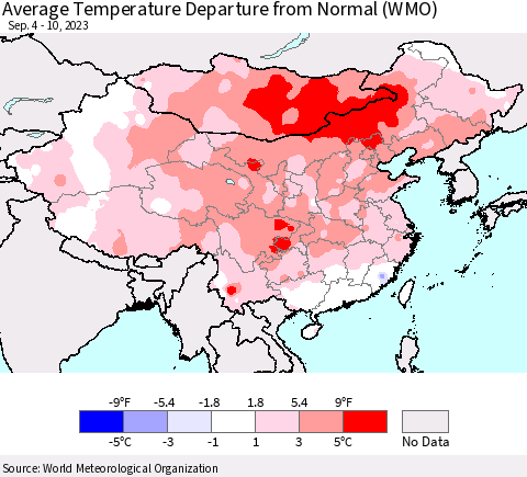 China, Mongolia and Taiwan Average Temperature Departure from Normal (WMO) Thematic Map For 9/4/2023 - 9/10/2023