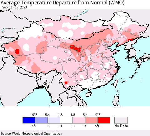 China, Mongolia and Taiwan Average Temperature Departure from Normal (WMO) Thematic Map For 9/11/2023 - 9/17/2023